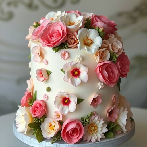 Bolo artisticamente decorado com flores de aäücar e detalhes complexos.