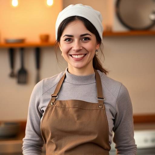 Retrato de Ana Paula, uma confeiteira sorridente, usando avental e touca.