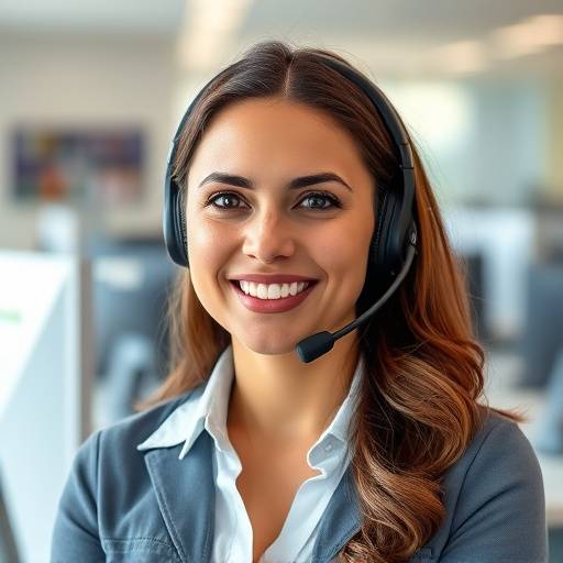 Retrato de Carla Mendes, nossa especialista em atendimento ao cliente, sorrindo e usando um headset em um escritório.