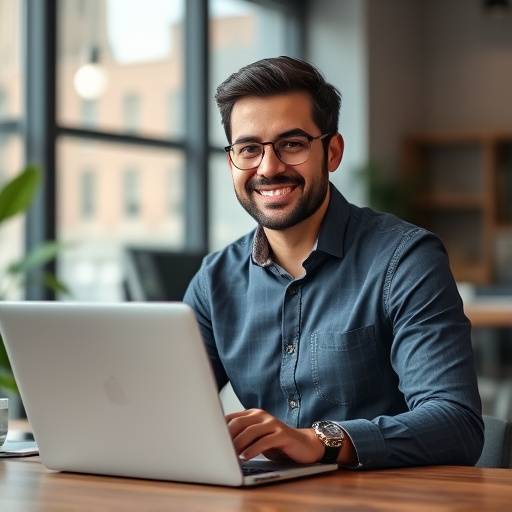 Retrato de Lucas Oliveira, nosso especialista em marketing digital, trabalhando em um laptop em um ambiente moderno.