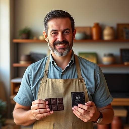 Retrato de Pedro Henrique Silva, co-fundador e instrutor especializado em chocolate, segurando uma barra de chocolate artesanal.