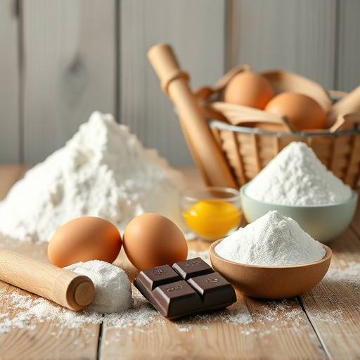 Uma variedade de ingredientes de confeitaria, incluindo farinha, ovos, aäücar e chocolate, dispostos em uma mesa de madeira.